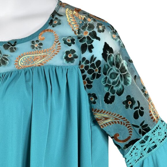 Umgee Womens L Boho Floral Velvet Burn Out Shift Dress Embroidered Bell Sleeve - Picture 6 of 16